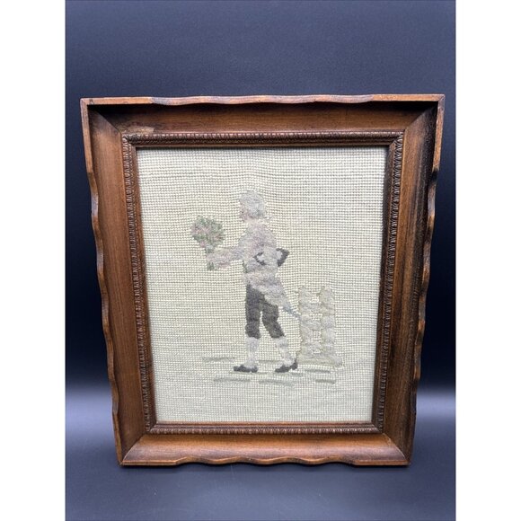 Vintage Victorian Male Courting Scene Needlepoint Neutral Scallop Wood Frame Art - Picture 1 of 10